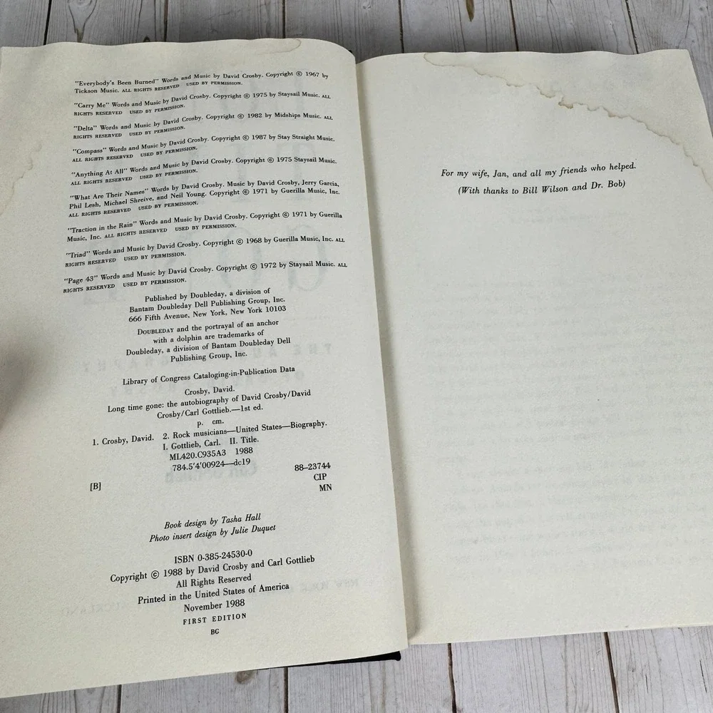 Long Time Gone David Crosby Carl Gottlieb 1988 First Edition Doubleday